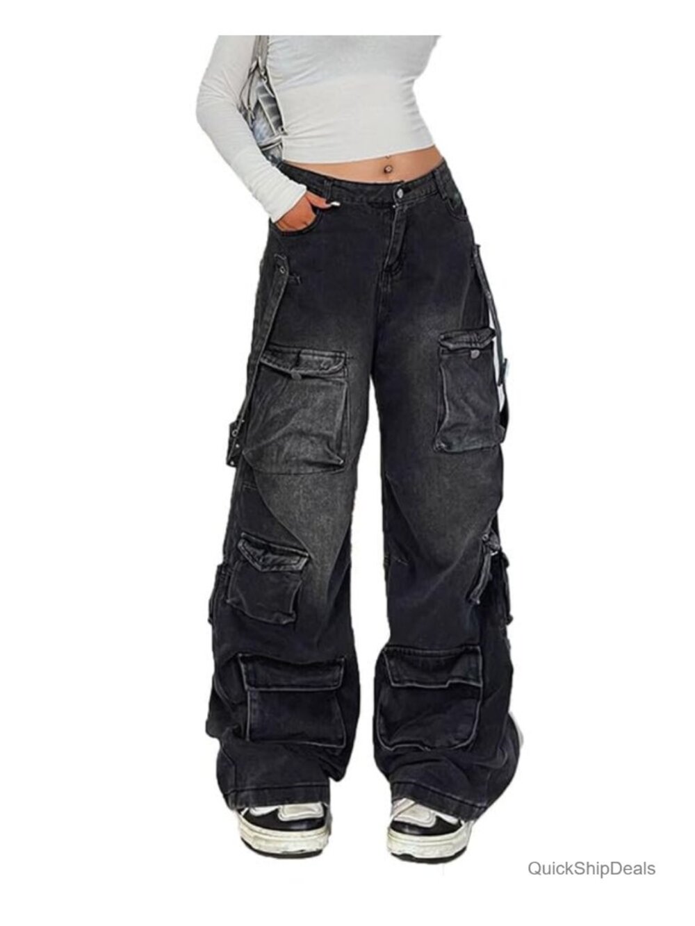 Women's Cargo Jeans Low Rise Baggy Y2K Wide Leg with Pockets